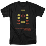 Black t-shirt featuring KITT’s dashboard interface with buttons, displays, and the Knight Rider logo at the bottom.