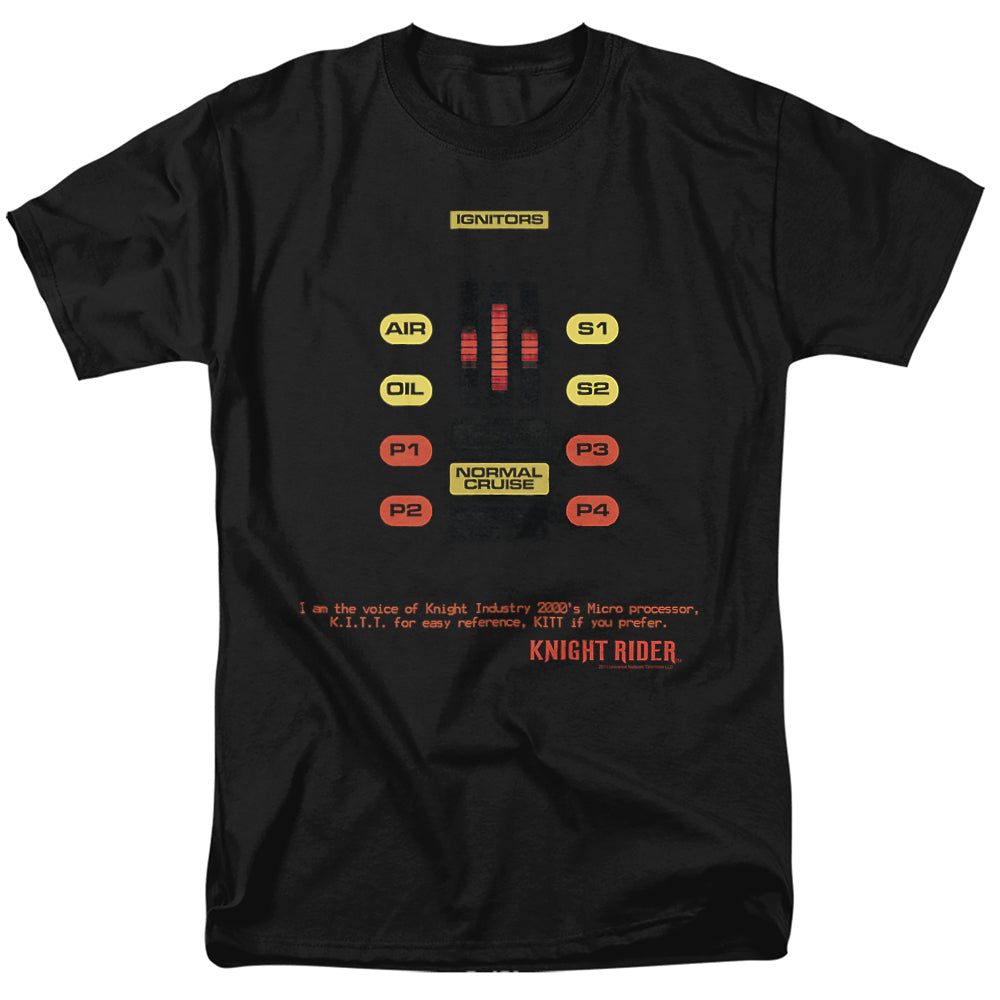 Black t-shirt featuring KITT’s dashboard interface with buttons, displays, and the Knight Rider logo at the bottom.