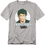 Heather gray t-shirt featuring Michael Knight (David Hasselhoff) portrait above KITT, with the Knight Rider logo.