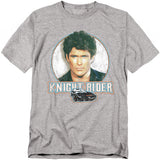 Heather gray t-shirt featuring Michael Knight (David Hasselhoff) portrait above KITT, with the Knight Rider logo.