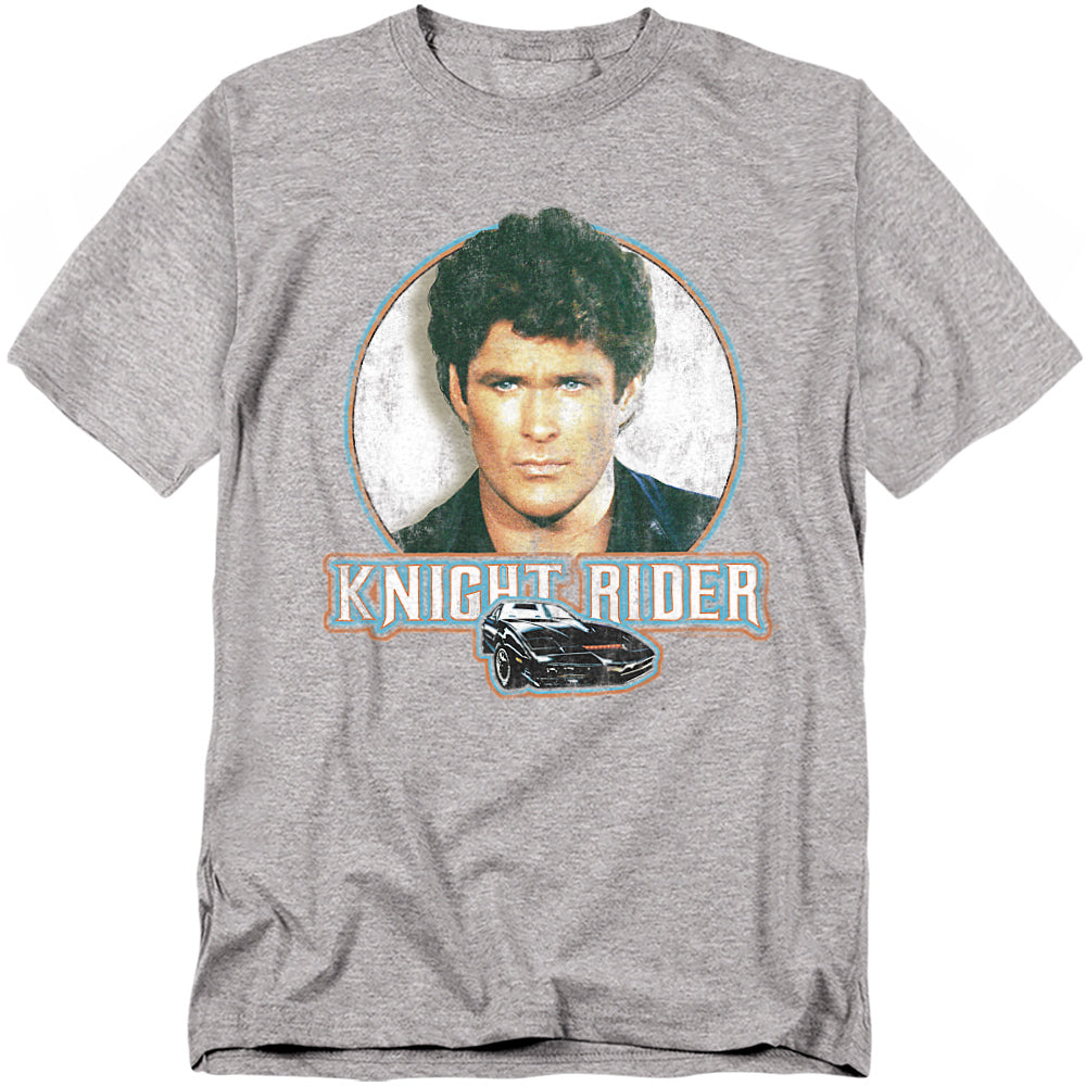 Heather gray t-shirt featuring Michael Knight (David Hasselhoff) portrait above KITT, with the Knight Rider logo.