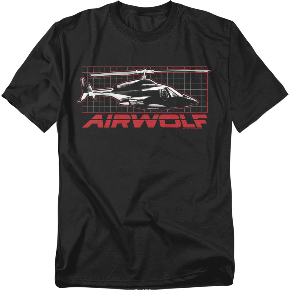 Black t-shirt featuring the Airwolf helicopter in black and white with a red grid background and bold red Airwolf logo.