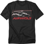 Black t-shirt featuring the Airwolf helicopter in black and white with a red grid background and bold red Airwolf logo.