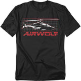 Black t-shirt featuring the Airwolf helicopter in black and white with a red grid background and bold red Airwolf logo.