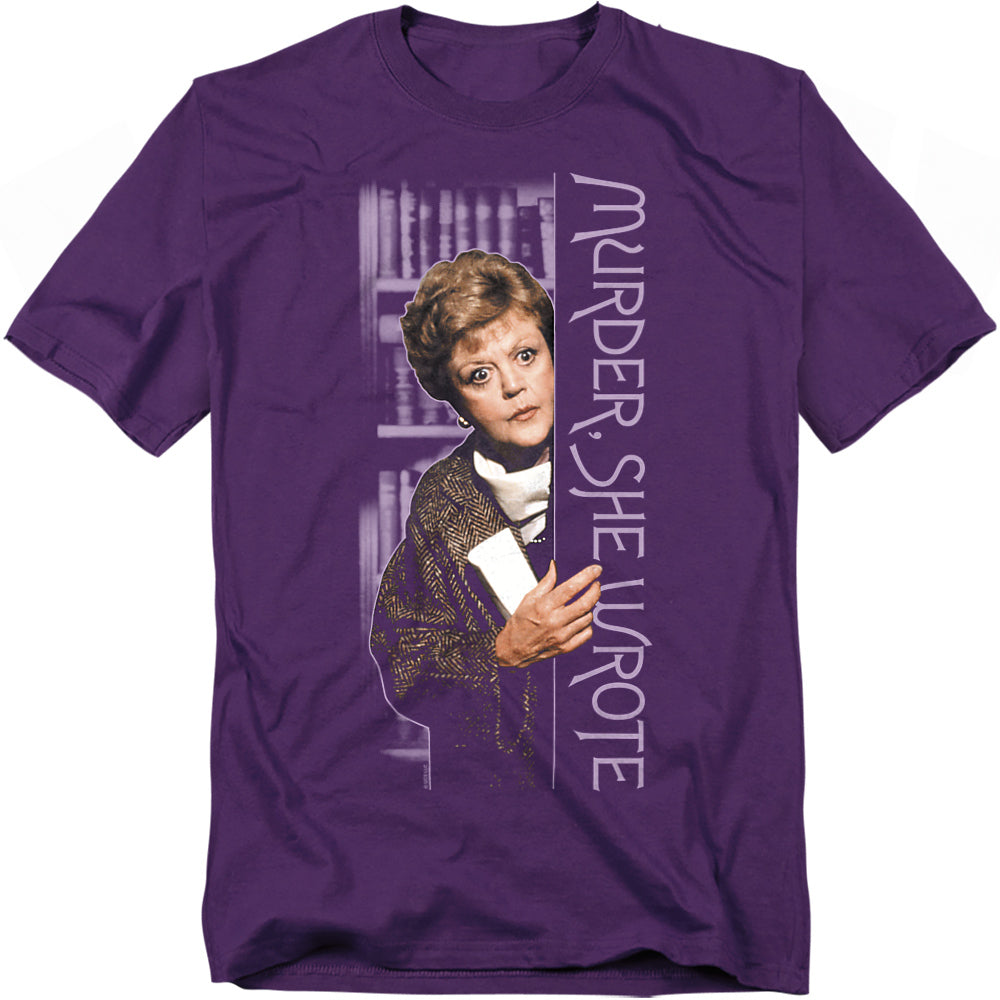 Purple t-shirt featuring Jessica Fletcher from Murder, She Wrote peeking through a doorway, with the show’s logo printed vertically.
