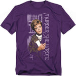 Purple t-shirt featuring Jessica Fletcher from Murder, She Wrote peeking through a doorway, with the show’s logo printed vertically.
