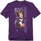 Purple t-shirt featuring Jessica Fletcher from Murder, She Wrote peeking through a doorway, with the show’s logo printed vertically.