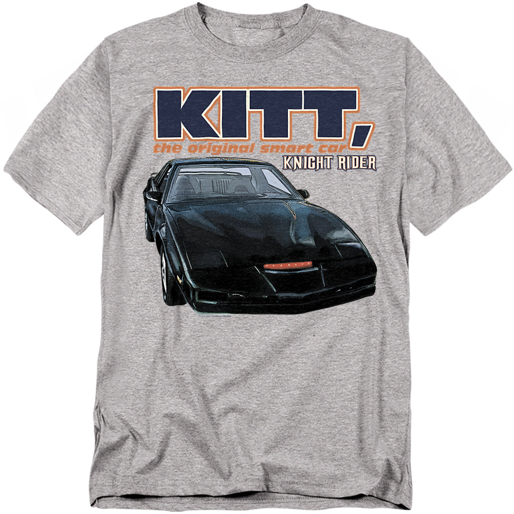 Gray Knight Rider t-shirt featuring KITT, the sleek black Trans Am car with glowing red scanner light, with large bold text reading “KITT, the original smart car” above and “Knight Rider” below.