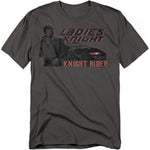 Charcoal gray t-shirt featuring Michael Knight standing next to KITT with red text that reads “Ladies’ Knight” and “Knight Rider.”