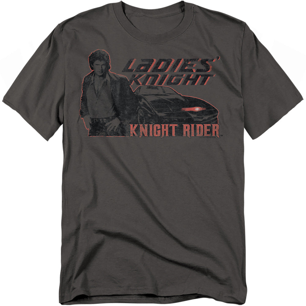 Charcoal gray t-shirt featuring Michael Knight standing next to KITT with red text that reads “Ladies’ Knight” and “Knight Rider.”
