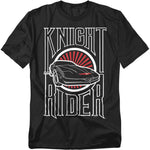 Black Knight Rider t-shirt featuring KITT in sleek black with a glowing red scanner light, set inside a bold circular red-and-white sunburst design, with large vertical text reading “KNIGHT RIDER” framing the car.