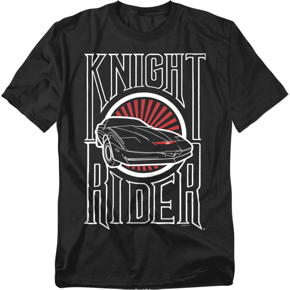Black Knight Rider t-shirt featuring KITT in sleek black with a glowing red scanner light, set inside a bold circular red-and-white sunburst design, with large vertical text reading “KNIGHT RIDER” framing the car.
