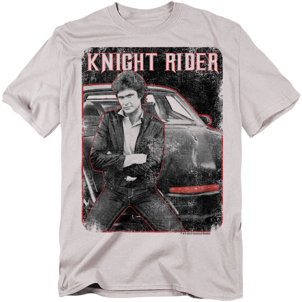 T-shirt featuring a black-and-white image of David Hasselhoff as Michael Knight from the TV series Knight Rider, leaning against KITT with arms crossed, distressed style with bold red “Knight Rider” text above.