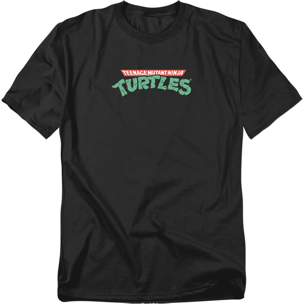 Black Teenage Mutant Ninja Turtles t-shirt featuring the classic TMNT logo in red and green lettering across the chest.