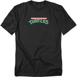 Black Teenage Mutant Ninja Turtles t-shirt featuring the classic TMNT logo in red and green lettering across the chest.