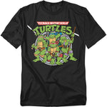 Black Teenage Mutant Ninja Turtles t-shirt featuring Leonardo, Donatello, Michelangelo, and Raphael standing together with weapons in front of a sewer cover design.