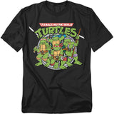 Black Teenage Mutant Ninja Turtles t-shirt featuring Leonardo, Donatello, Michelangelo, and Raphael standing together with weapons in front of a sewer cover design.