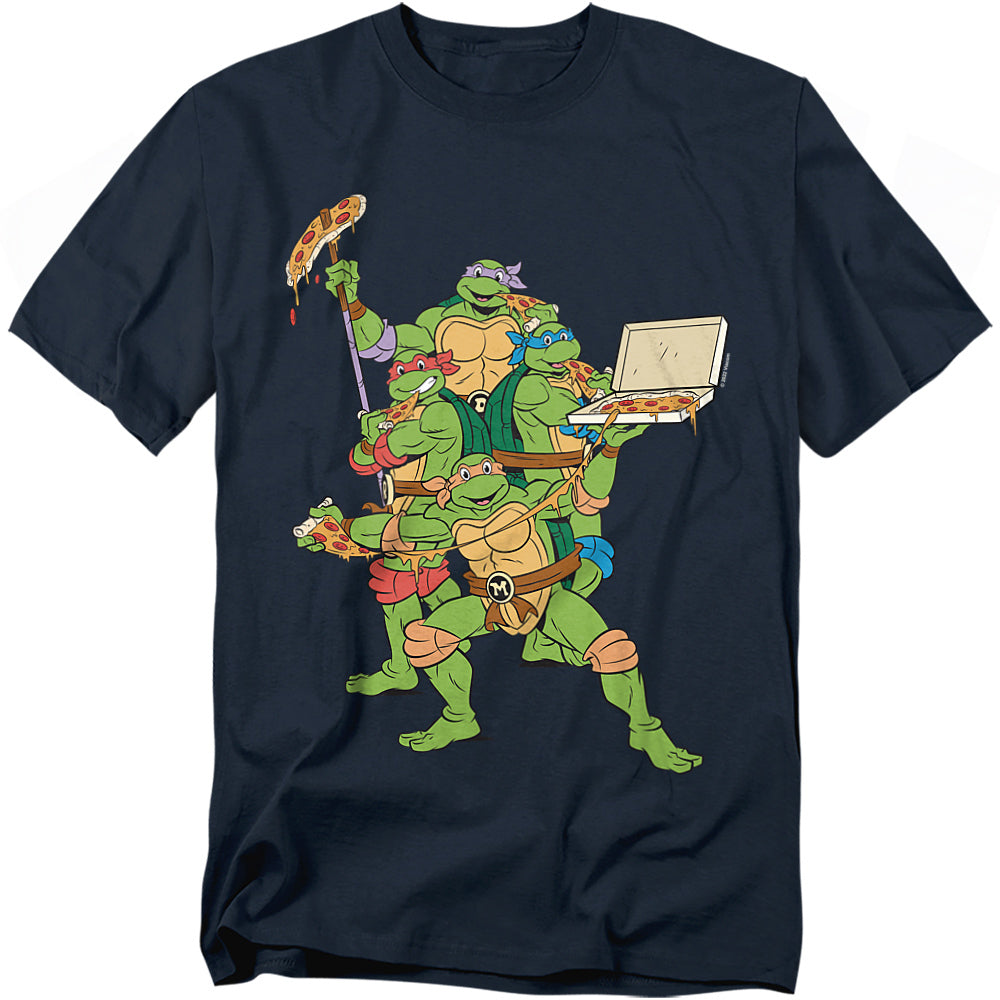 Navy Teenage Mutant Ninja Turtles t-shirt featuring Leonardo, Michelangelo, Donatello, and Raphael happily eating pizza together.