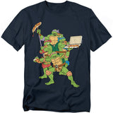 Navy Teenage Mutant Ninja Turtles t-shirt featuring Leonardo, Michelangelo, Donatello, and Raphael happily eating pizza together.