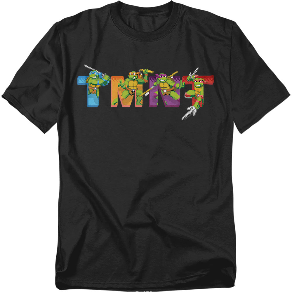 Black Teenage Mutant Ninja Turtles t-shirt featuring pixel art logo with Leonardo, Michelangelo, Donatello, and Raphael inside the TMNT letters.
