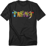 Black Teenage Mutant Ninja Turtles t-shirt featuring pixel art logo with Leonardo, Michelangelo, Donatello, and Raphael inside the TMNT letters.