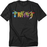 Black Teenage Mutant Ninja Turtles t-shirt featuring pixel art logo with Leonardo, Michelangelo, Donatello, and Raphael inside the TMNT letters.