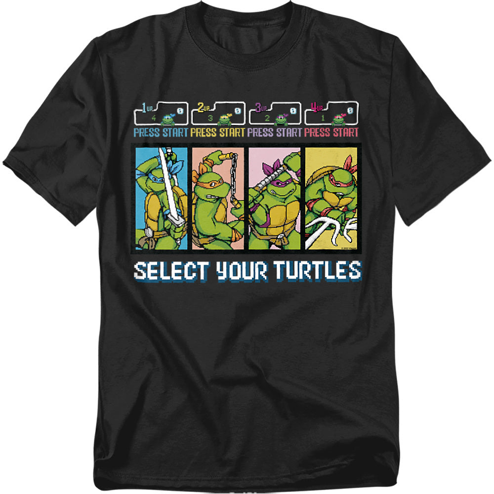 Black Teenage Mutant Ninja Turtles t-shirt featuring retro arcade character select screen with Leonardo, Michelangelo, Donatello, and Raphael.