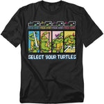 Black Teenage Mutant Ninja Turtles t-shirt featuring retro arcade character select screen with Leonardo, Michelangelo, Donatello, and Raphael.