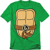 TMNT Leonardo costume t-shirt with shell abs, belt, and L buckle – Teenage Mutant Ninja Turtles retro cosplay tee.