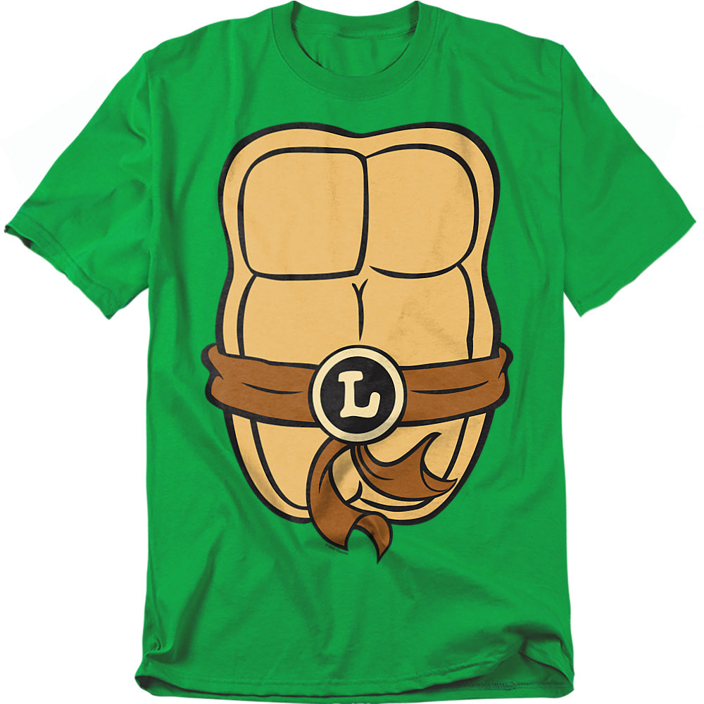 TMNT Leonardo costume t-shirt with shell abs, belt, and L buckle – Teenage Mutant Ninja Turtles retro cosplay tee.