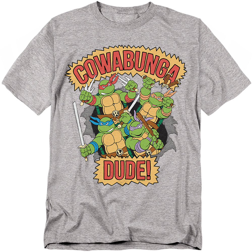 Teenage Mutant Ninja Turtles Cowabunga Dude t-shirt with Leonardo, Donatello, Raphael, and Michelangelo – classic retro TMNT cartoon design.