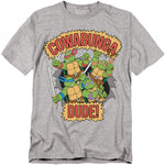 Teenage Mutant Ninja Turtles Cowabunga Dude t-shirt with Leonardo, Donatello, Raphael, and Michelangelo – classic retro TMNT cartoon design.