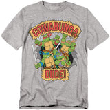 Teenage Mutant Ninja Turtles Cowabunga Dude t-shirt with Leonardo, Donatello, Raphael, and Michelangelo – classic retro TMNT cartoon design.