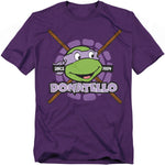 Purple t-shirt featuring Donatello from Teenage Mutant Ninja Turtles with his bo staff and retro 'Since 1984' design.