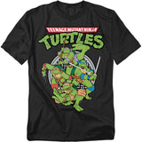 Black Teenage Mutant Ninja Turtles t-shirt featuring Leonardo, Donatello, Michelangelo, and Raphael in action poses with weapons, retro cartoon style.