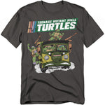Charcoal t-shirt featuring the Teenage Mutant Ninja Turtles riding in the Party Wagon van with retro cartoon artwork.
