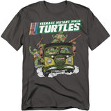 Charcoal t-shirt featuring the Teenage Mutant Ninja Turtles riding in the Party Wagon van with retro cartoon artwork.