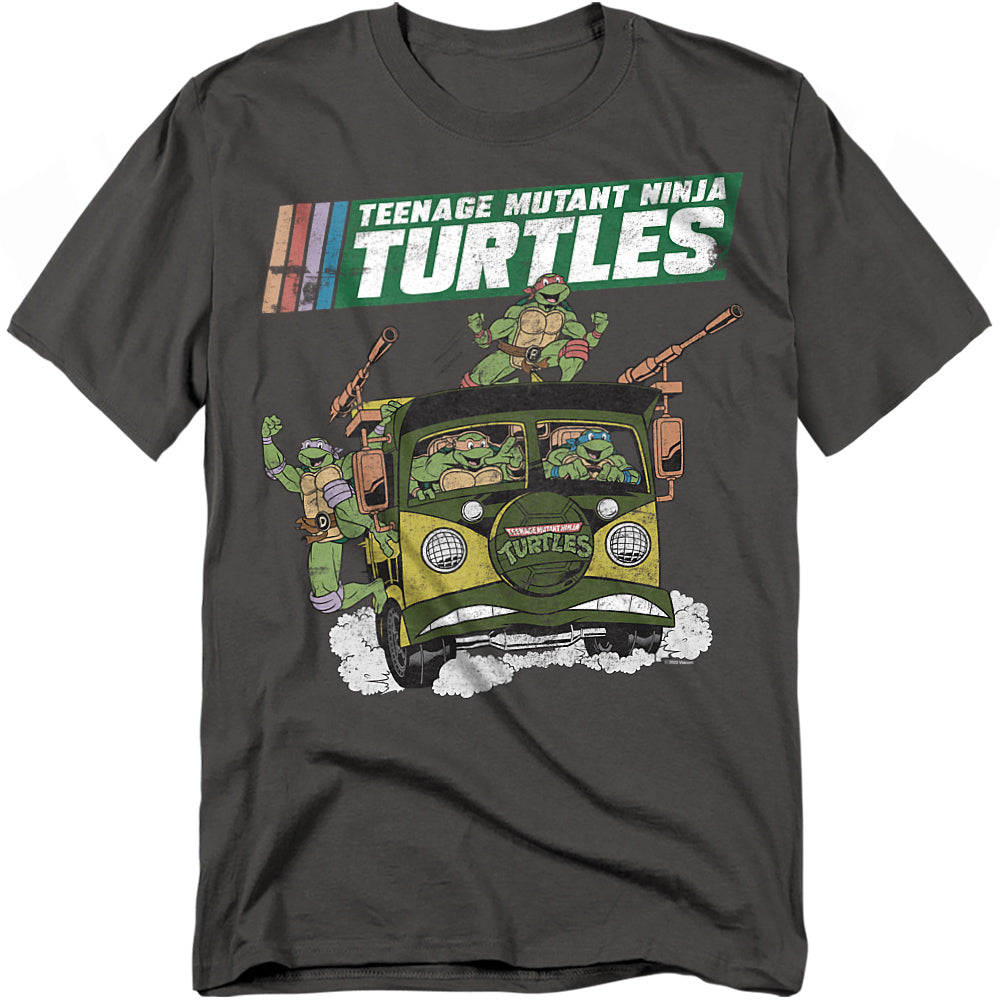 Charcoal t-shirt featuring the Teenage Mutant Ninja Turtles riding in the Party Wagon van with retro cartoon artwork.