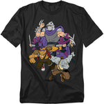 Black t-shirt featuring TMNT villains Shredder, Bebop, Rocksteady, and Foot Clan ninjas in retro cartoon artwork
