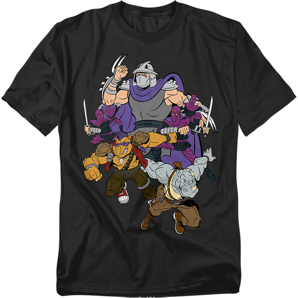 Black t-shirt featuring TMNT villains Shredder, Bebop, Rocksteady, and Foot Clan ninjas in retro cartoon artwork