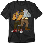 Black t-shirt featuring Teenage Mutant Ninja Turtles villains Bebop and Rocksteady standing side by side in cartoon artwork.