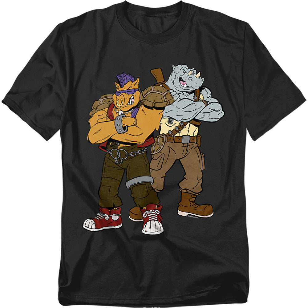 Black t-shirt featuring Teenage Mutant Ninja Turtles villains Bebop and Rocksteady standing side by side in cartoon artwork.