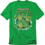 Green Teenage Mutant Ninja Turtles t-shirt featuring Leonardo, Donatello, Michelangelo, and Raphael breaking through with their weapons, classic cartoon style.