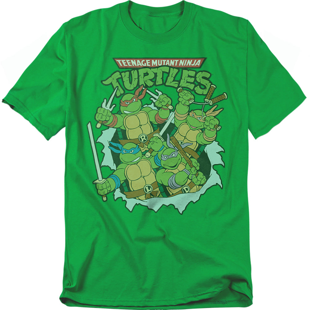 Green Teenage Mutant Ninja Turtles t-shirt featuring Leonardo, Donatello, Michelangelo, and Raphael breaking through with their weapons, classic cartoon style.