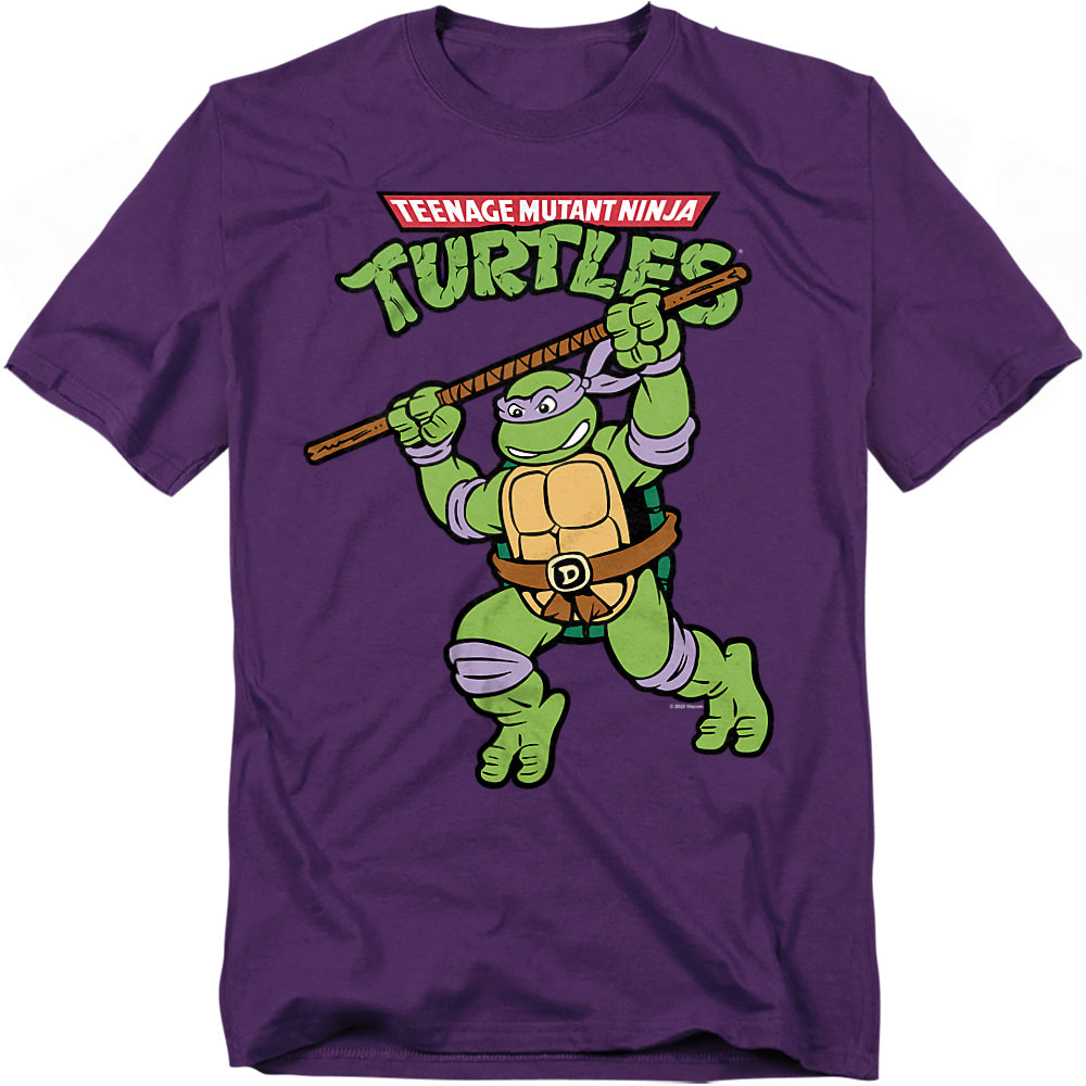 Teenage Mutant Ninja Turtles Donatello purple t-shirt featuring Donnie with his bo staff in action pose under the TMNT logo.