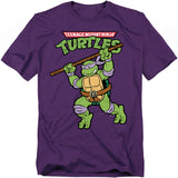 Teenage Mutant Ninja Turtles Donatello purple t-shirt featuring Donnie with his bo staff in action pose under the TMNT logo.