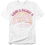 Teenage Mutant Ninja Turtles Cowabunga surf t-shirt with vintage-style faded design of Leonardo, Donatello, Raphael, and Michelangelo surfing into the sunset.
