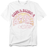 Teenage Mutant Ninja Turtles Cowabunga surf t-shirt with vintage-style faded design of Leonardo, Donatello, Raphael, and Michelangelo surfing into the sunset.