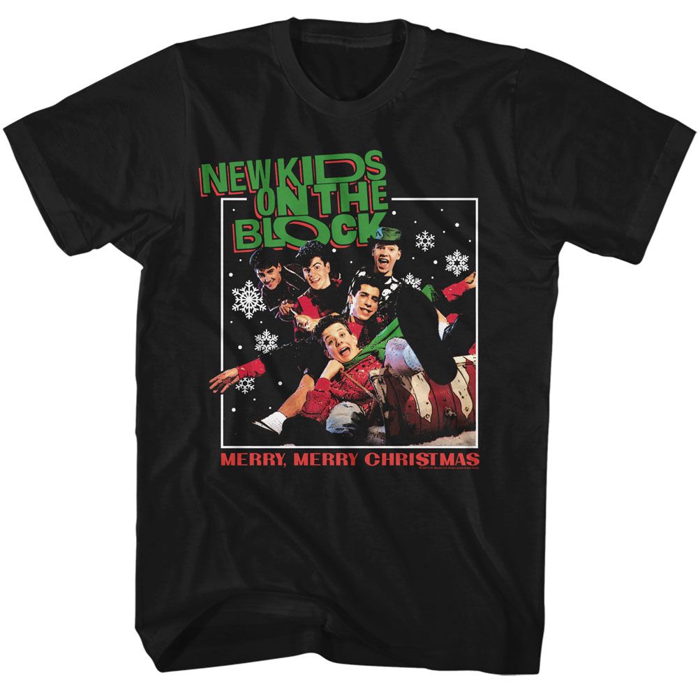 Black t-shirt featuring New Kids on the Block in a festive holiday photo with snowflakes and the text “Merry, Merry Christmas.”