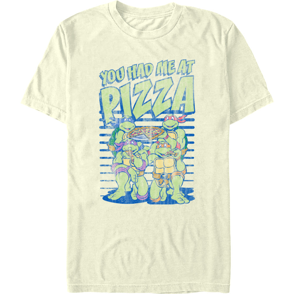 Vintage TMNT pizza lover t-shirt with distressed retro cartoon artwork on natural cream tee